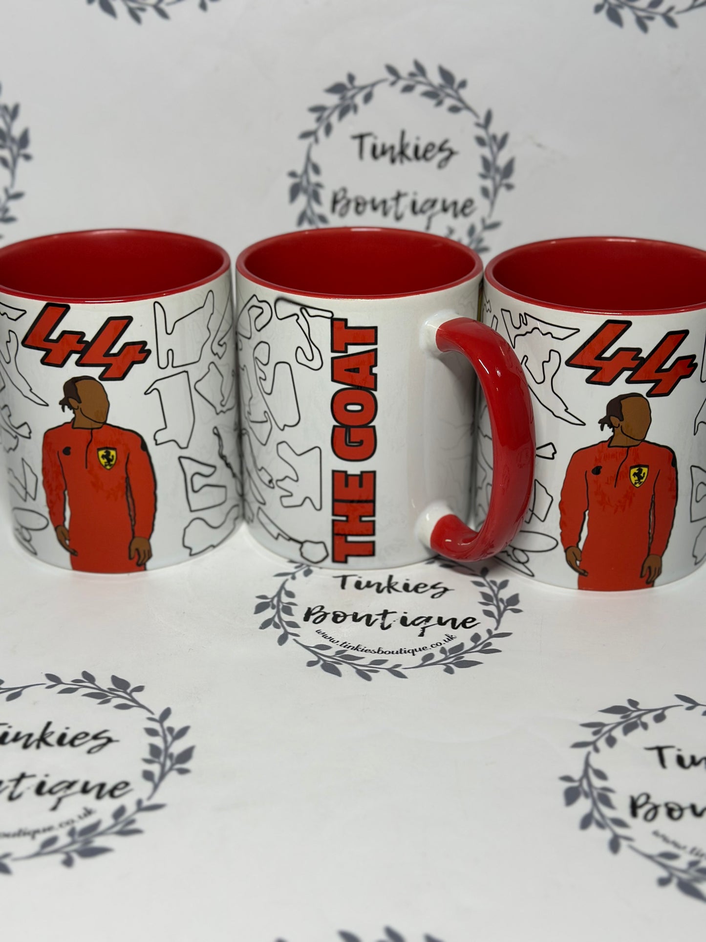 Personalised Ferrari Formula 1 Racing Mug – Driver #44 & Driver #16 with F1 Track Design