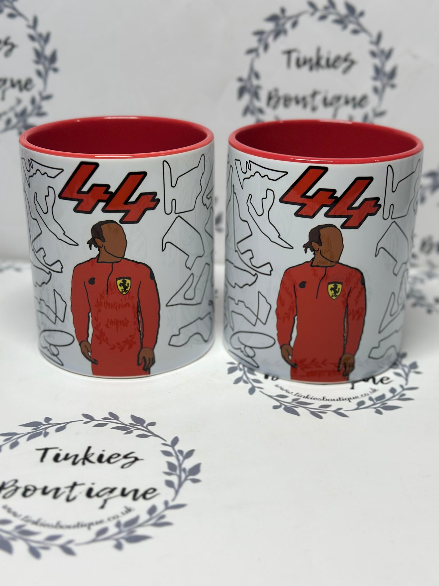 Personalised Ferrari Formula 1 Racing Mug – Driver #44 & Driver #16 with F1 Track Design