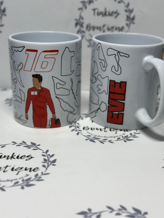 Personalised Ferrari Formula 1 Racing Mug – Driver #44 & Driver #16 with F1 Track Design
