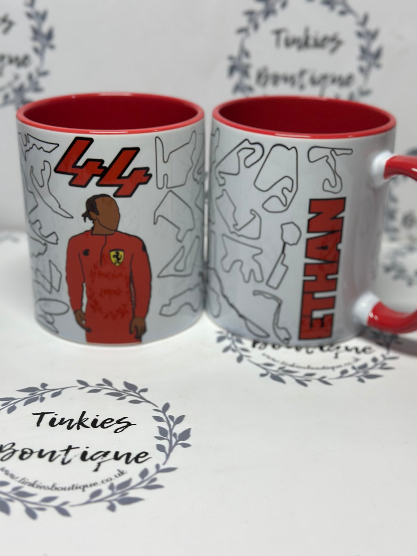 Personalised Ferrari Formula 1 Racing Mug – Driver #44 & Driver #16 with F1 Track Design