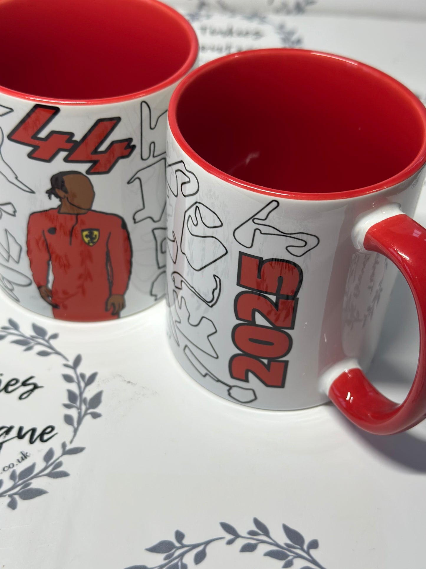 Personalised Ferrari Formula 1 Racing Mug – Driver #44 & Driver #16 with F1 Track Design
