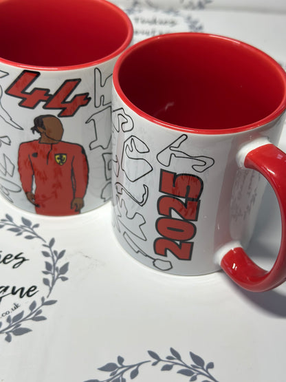Personalised Ferrari Formula 1 Racing Mug – Driver #44 & Driver #16 with F1 Track Design