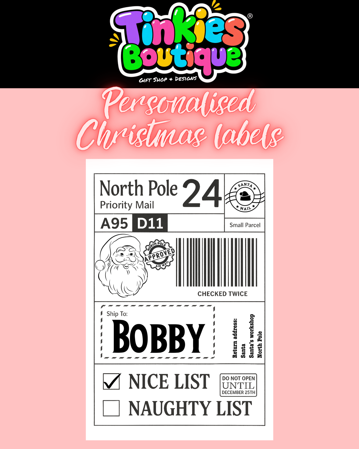 Personalised Santa Sticky Labels, Santa Mail, Santa Postage Labels, North Pole Post