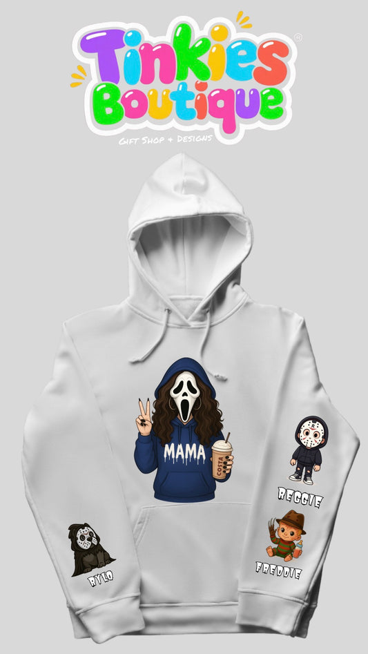 Mama Horror Hoodie | Funny Halloween Mama Sweatshirt | Ghost Face Coffee Hoodie | Cute Scary Movie Mom Sweatshirt | Spooky Season Fall Outfit