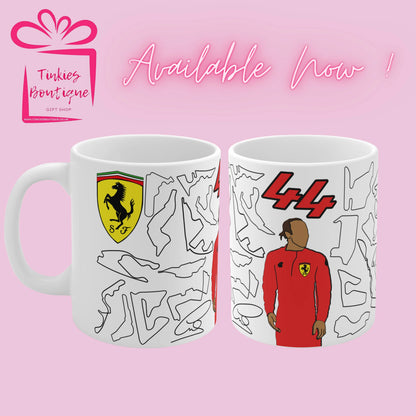 Personalised Ferrari Formula 1 Racing Mug – Driver #44 & Driver #16 with F1 Track Design