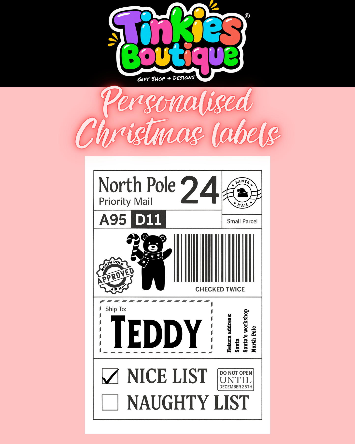 Personalised Santa Sticky Labels, Santa Mail, Santa Postage Labels, North Pole Post