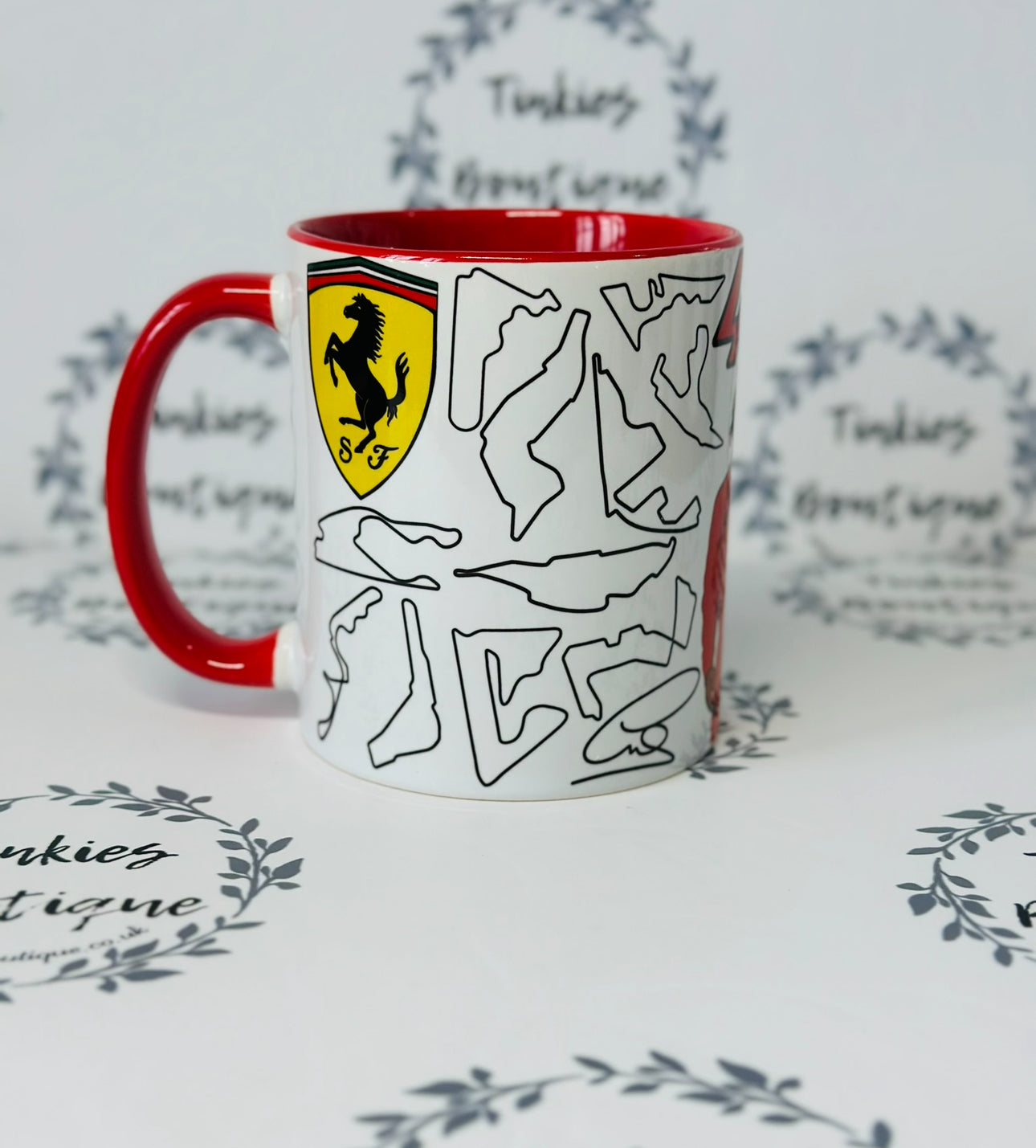 Personalised Ferrari Formula 1 Racing Mug – Driver #44 & Driver #16 with F1 Track Design