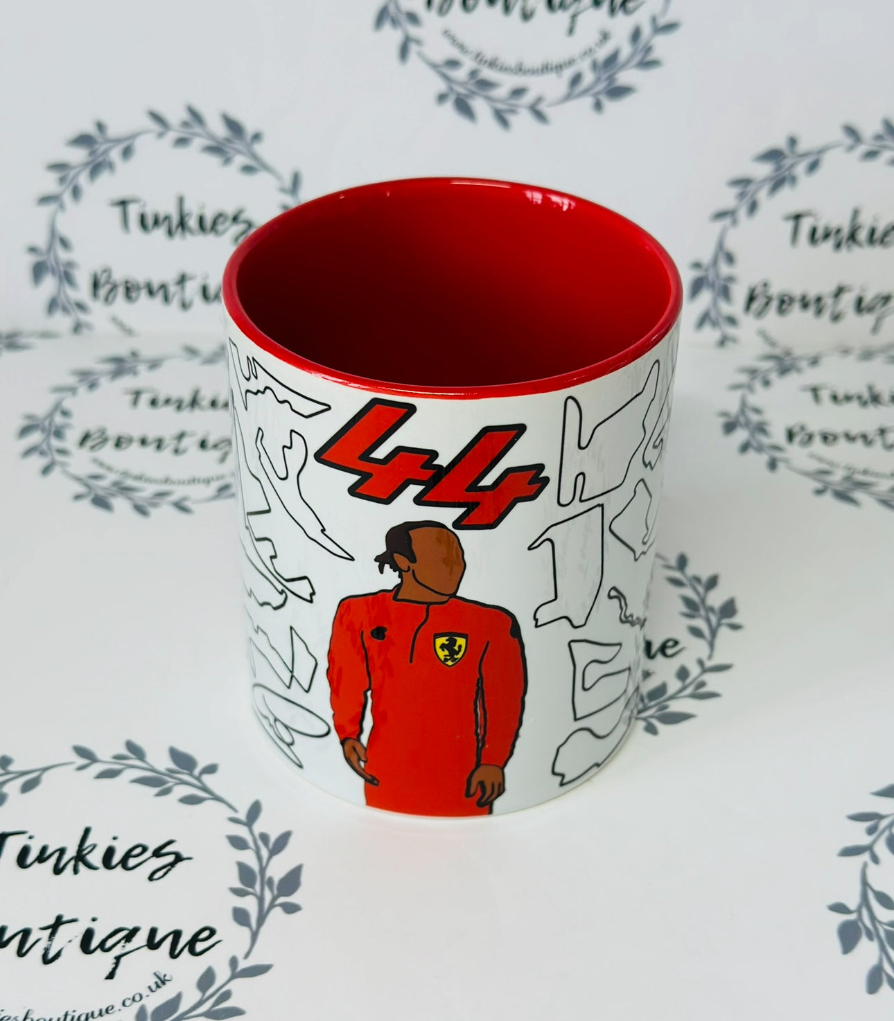 Personalised Ferrari Formula 1 Racing Mug – Driver #44 & Driver #16 with F1 Track Design