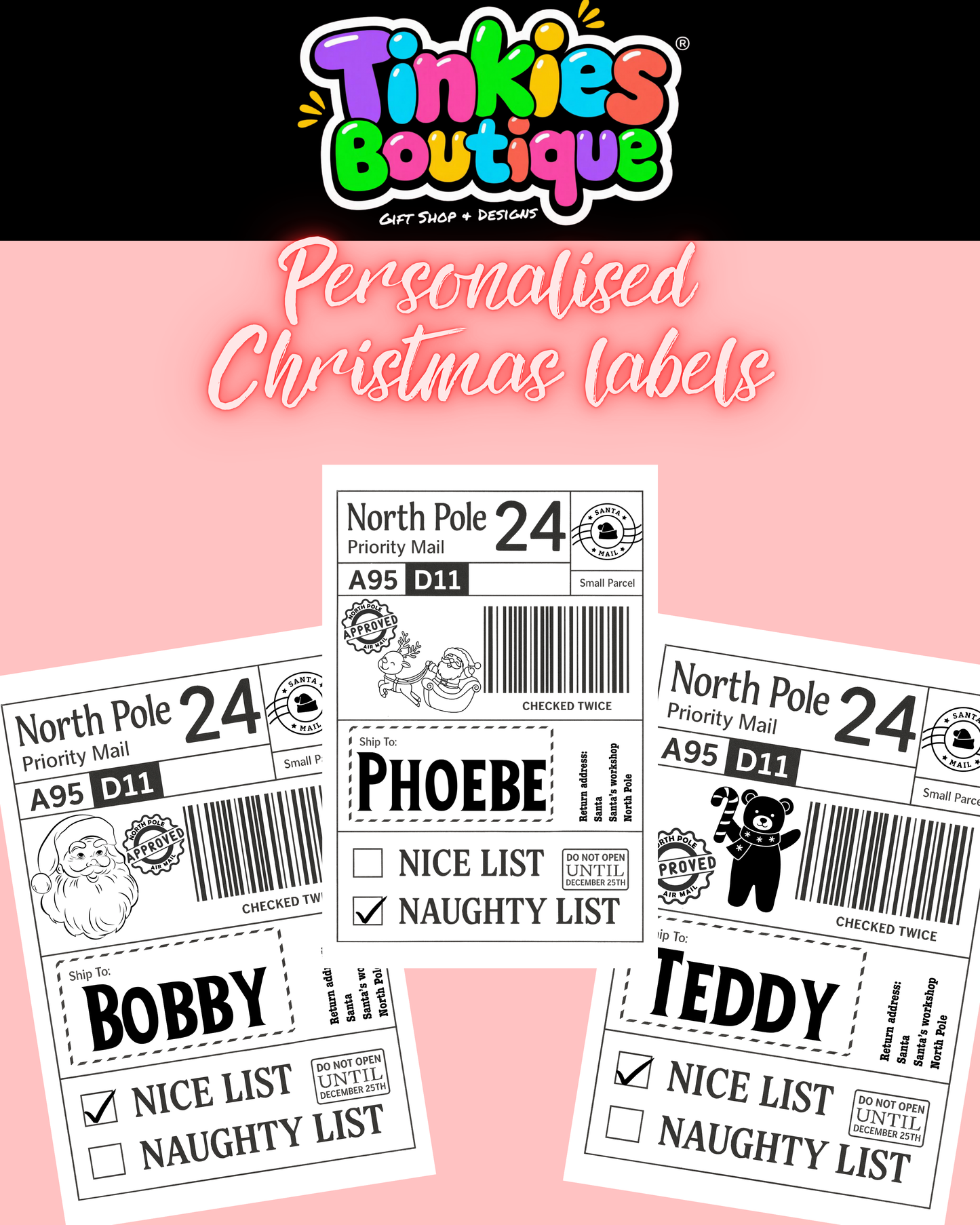 Personalised Santa Sticky Labels, Santa Mail, Santa Postage Labels, North Pole Post